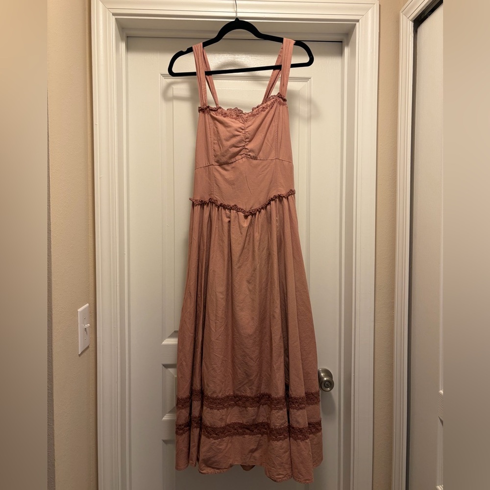 American Eagle Outfitters Corset V-Waist Midi Dress Pink